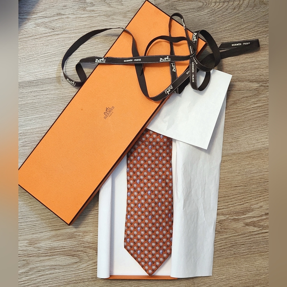 Authentic Hermes Daisy Print Silk Tie With Original Box And Ribbon - Like New